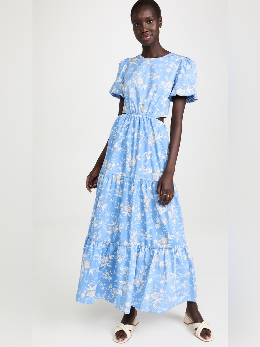 Wayf Blue Floral Cutout Tiered Maxi Dress